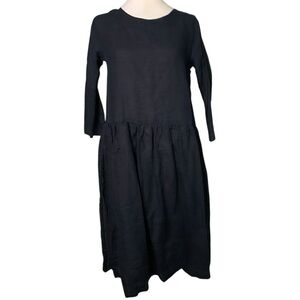 Len.Oak XS Dark Baby Blue Modest Mature 100% Linen Handmade Midi Dress
